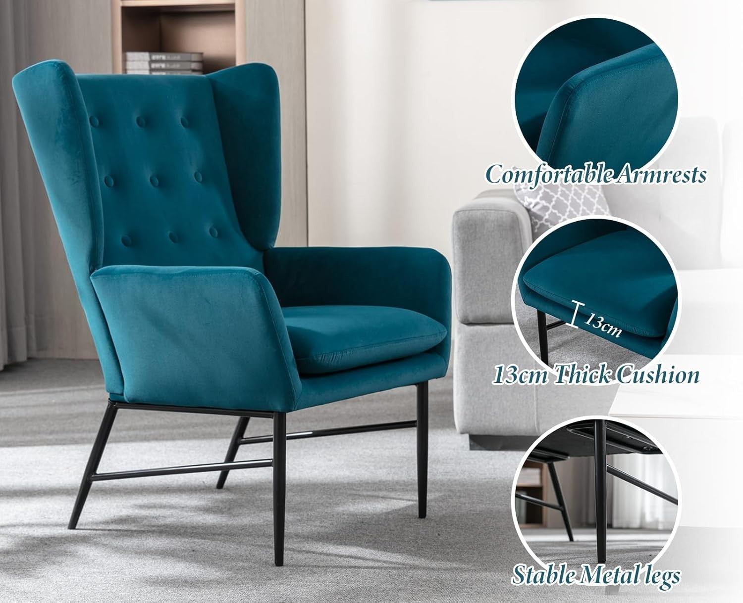 Velvet Accent Armchair Tufted Back Lounge Chair Metal Legs Modern Seat
