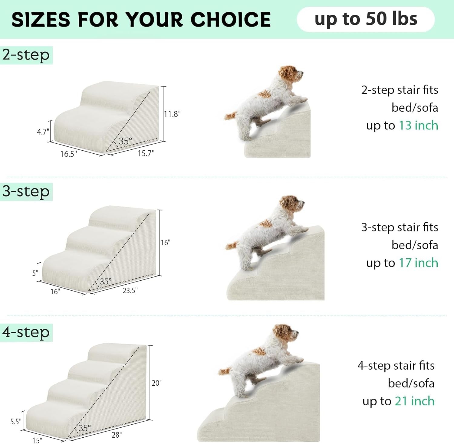 2-Step Dog Stairs Ramp High-Density Foam Pet Steps H:11. Beige