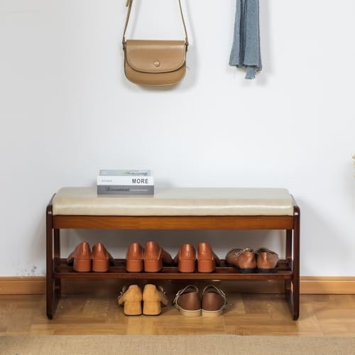 Modern Grey Shoe Bench with Cushion & Flip-Top Storage, Solid Wood 2-Tier