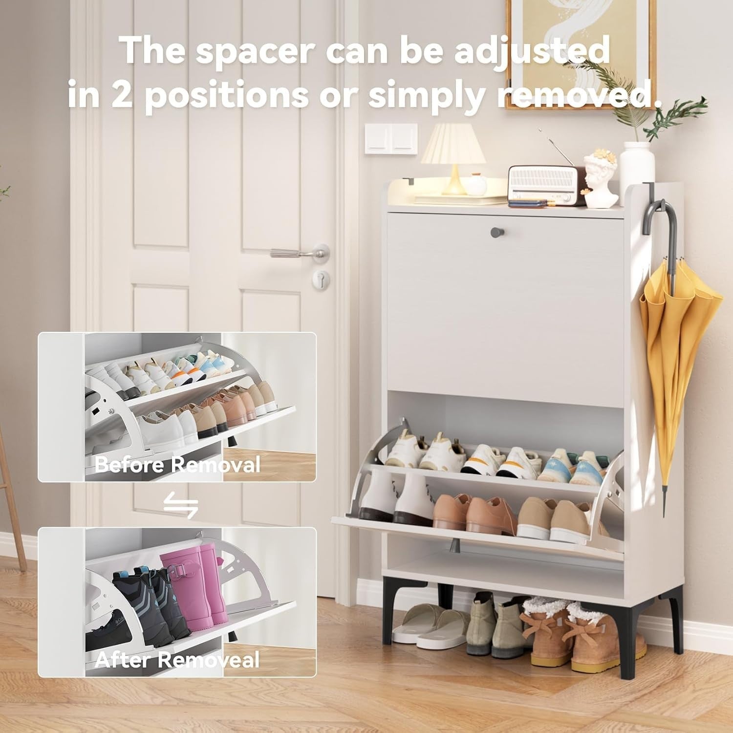 Shoe Cabinet 2 Flip Drawers Adjustable Dividers Sturdy Compact Hallway Storage