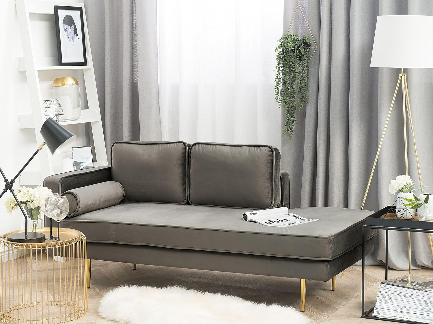 Modern Grey Velvet Chaise Lounge with Gold Legs | Compact, Stylish Comfort