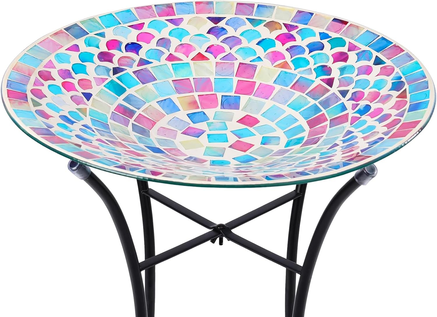 Mosaic Glass Bird Bath | 14" Colourful Garden Bowl with Metal Stand