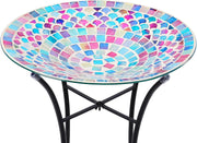 Mosaic Glass Bird Bath | 14" Colourful Garden Bowl with Metal Stand