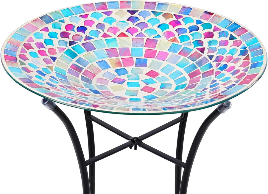 Mosaic Glass Bird Bath | 14" Colourful Garden Bowl with Metal Stand