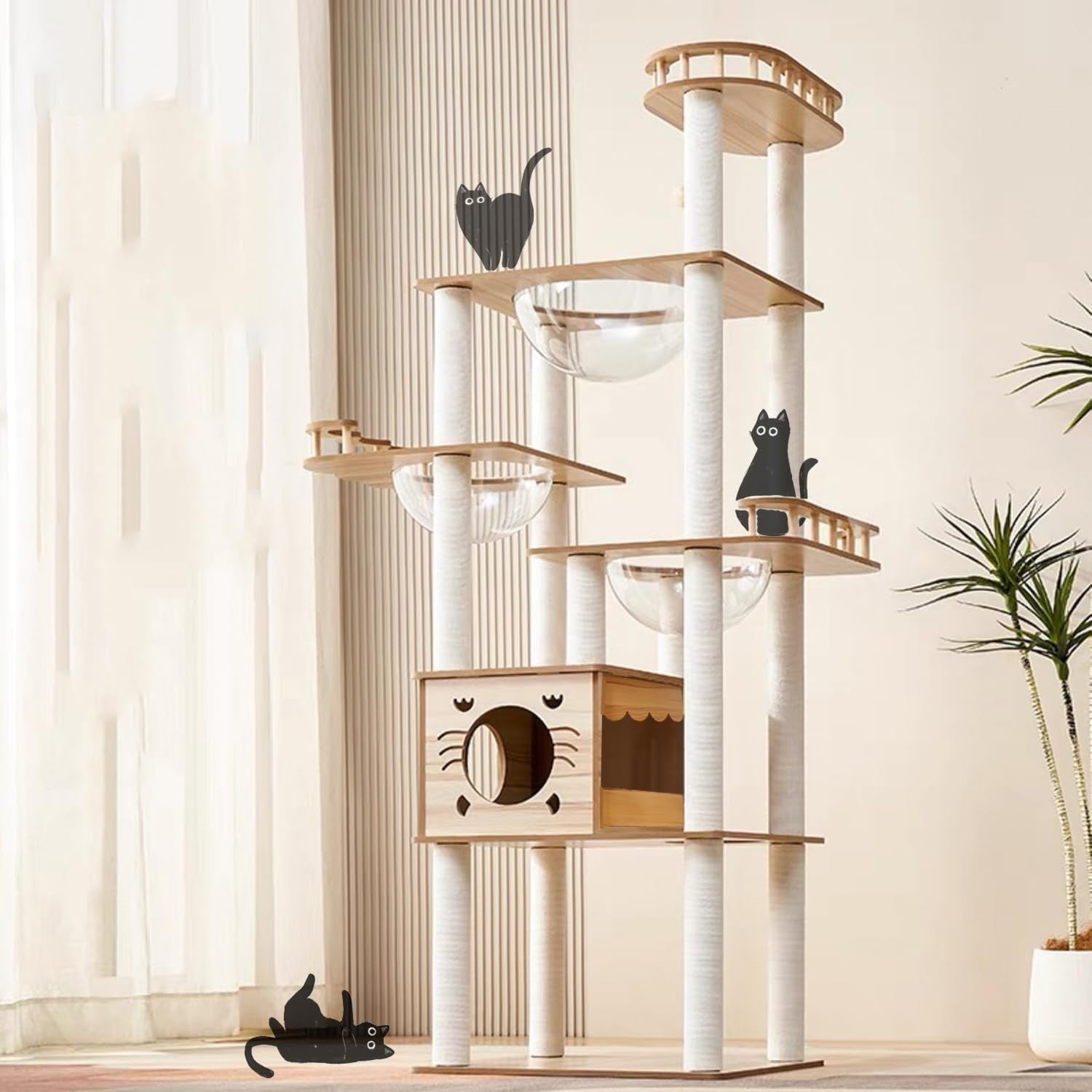 185cm Cat Tree Tower White & Wood Multi Level Scratching Posts Condo Capsules