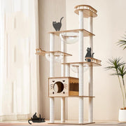 185cm Cat Tree Tower White & Wood Multi Level Scratching Posts Condo Capsules