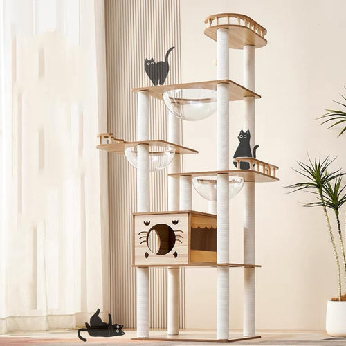 185cm Cat Tree Tower White & Wood Multi Level Scratching Posts Condo Capsules
