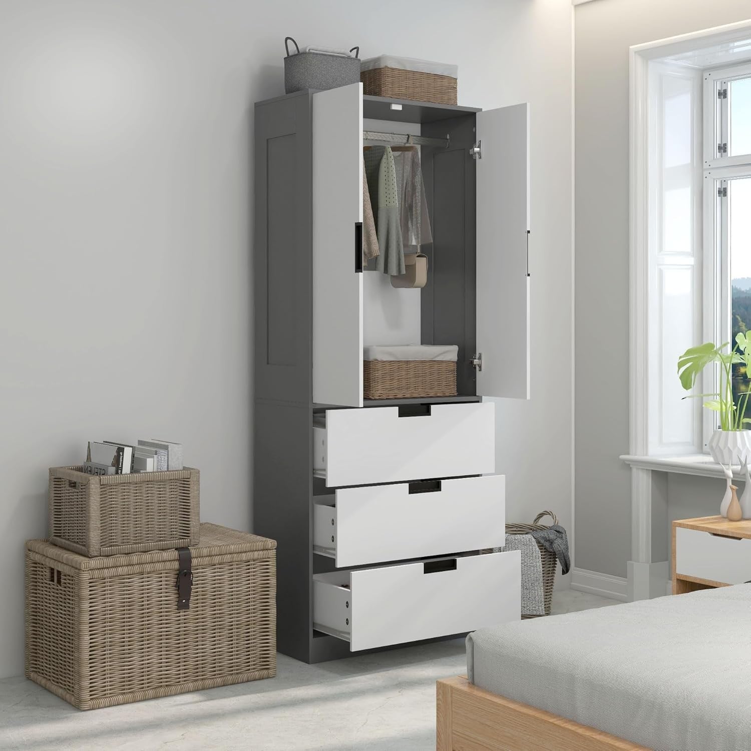 Modern 2 Door Wardrobe with 3 Drawers & Hanging Rod – Scratch Resistant