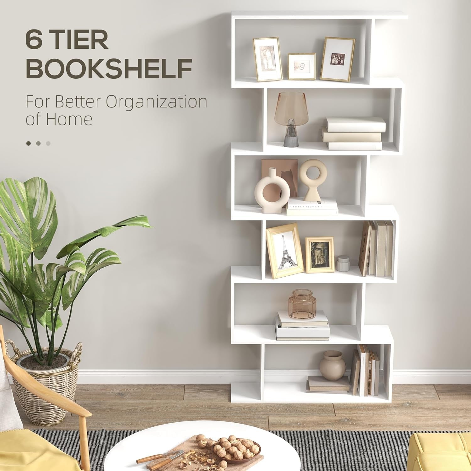 White S-Shape 6-Tier Bookcase Modern Display Shelf Room Divider Storage Unit