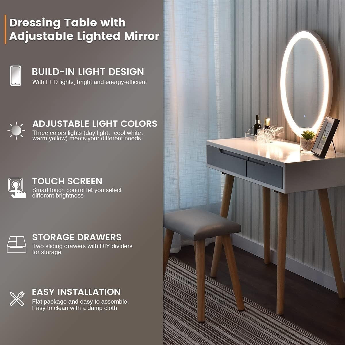 Vanity Makeup Dressing Table Set W/ Lighted Oval Mirror Stool 2 Drawers Storage