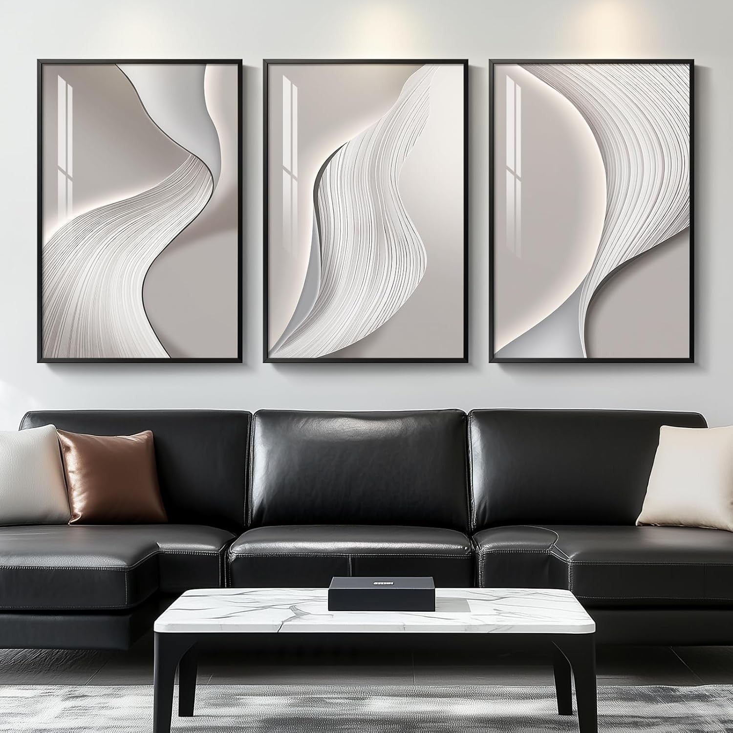 Large Framed Abstract Wall Art 3 Panel Silver Grey 24x36in Modern Decor