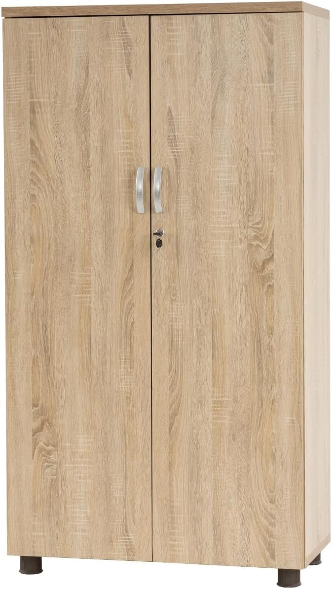 Tall Oak Effect Lockable Office Cupboard 4 Shelf Storage Cabinet