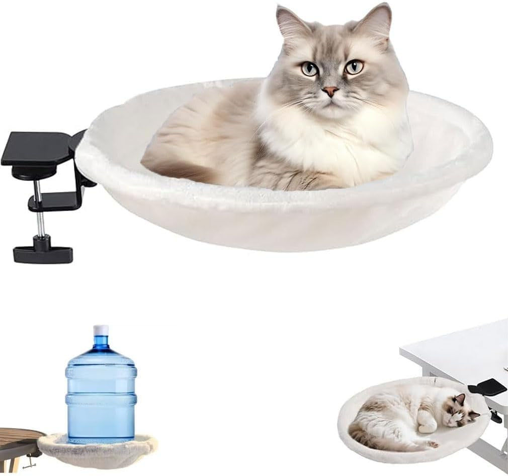 Rotating Cat Desk Hammock Faux Fur Clamp On Kitty Bed White