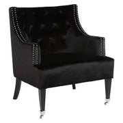 Black Velvet Accent Chair Tufted Back with Stud Detail & Wooden Legs