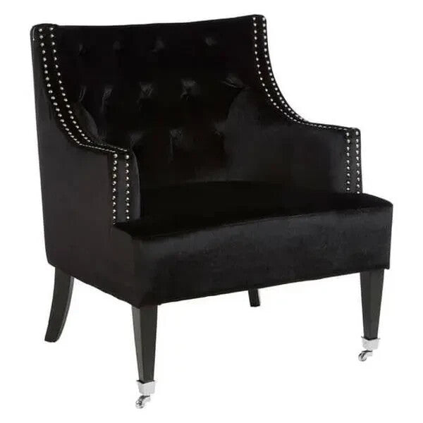 Black Velvet Accent Chair Tufted Back with Stud Detail & Wooden Legs