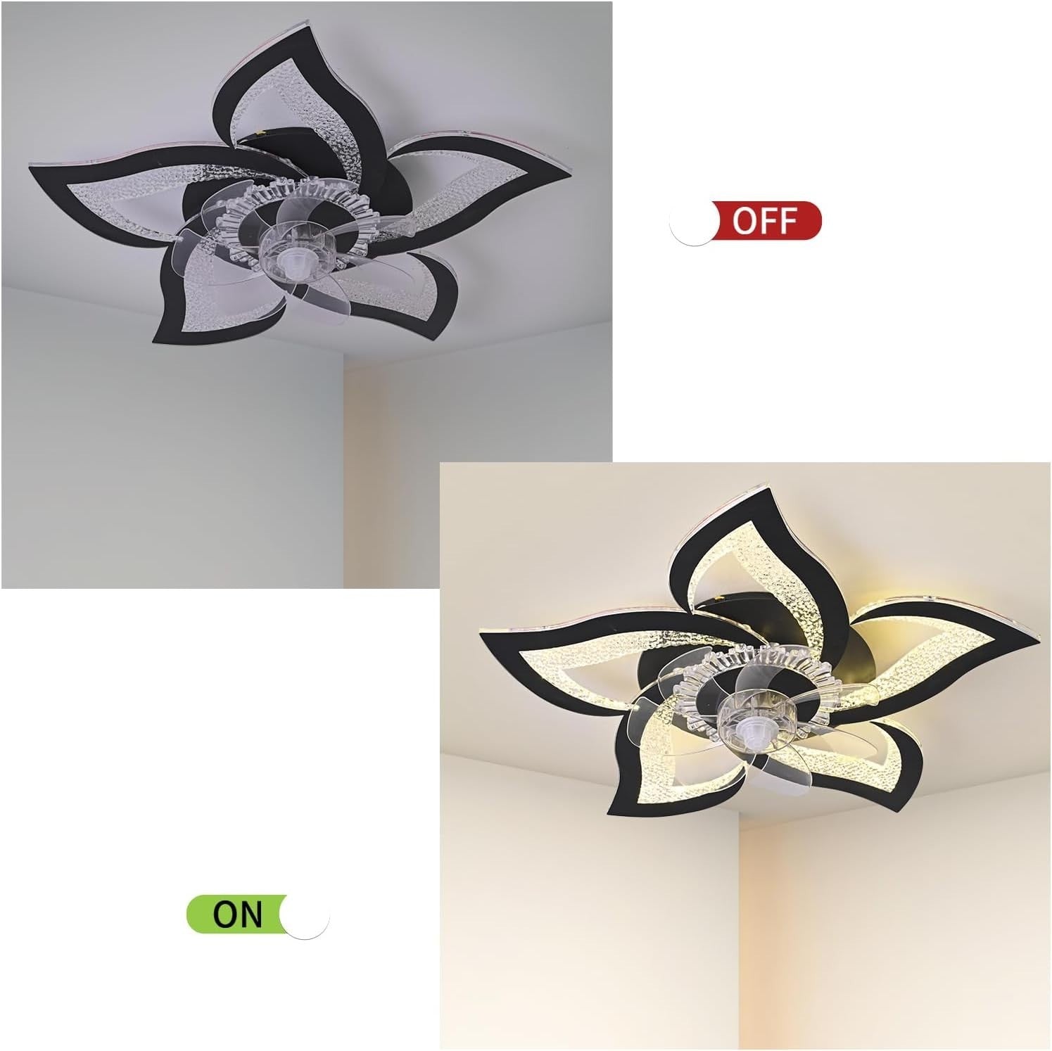62.5CM Ceiling Fan Light, 6 Speeds, Dimmable LED, Remote, Memory, Black Flower