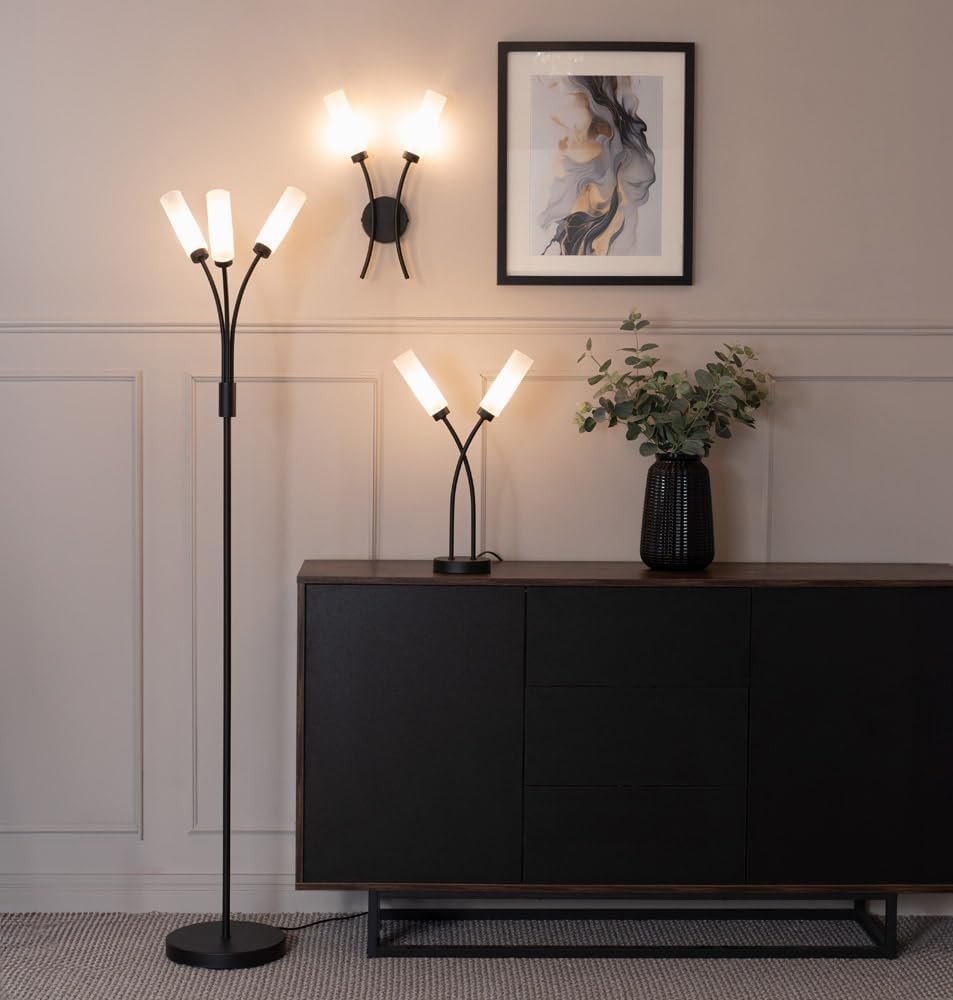 3 Arm Curved Floor Lamp Matt Black Modern Standing Light with Bulbs