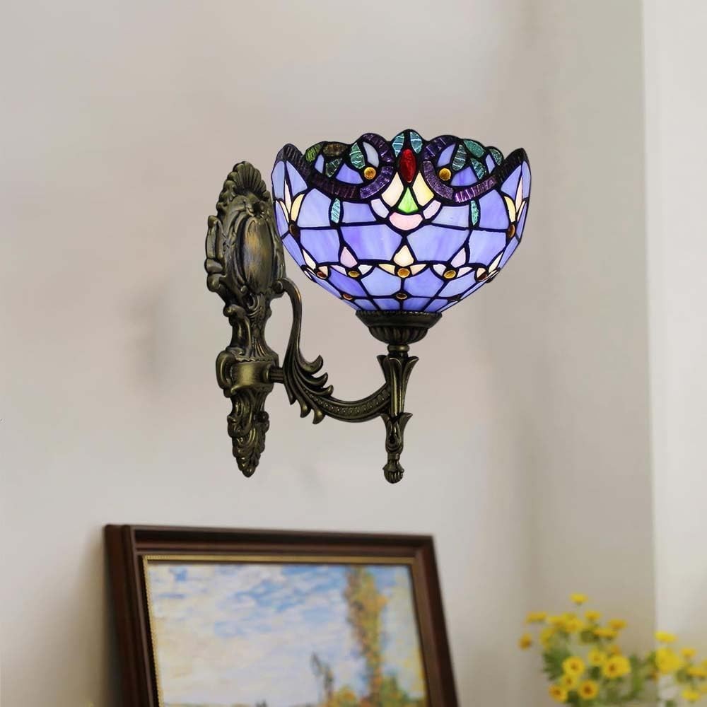 Vintage Wall Lamp with Blue Stained Glass Shade – 28cm Retro Light Fixture