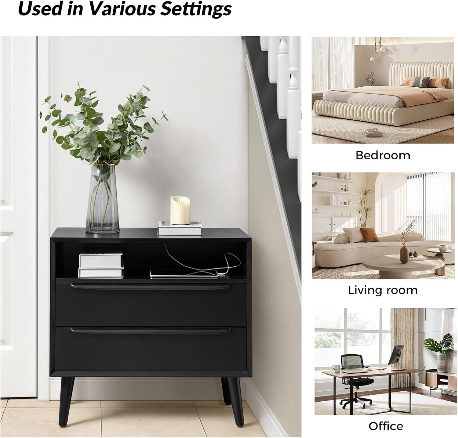 Set of 2 Black Wooden Bedside Tables with Drawers & Shelf – Mid-Century Modern