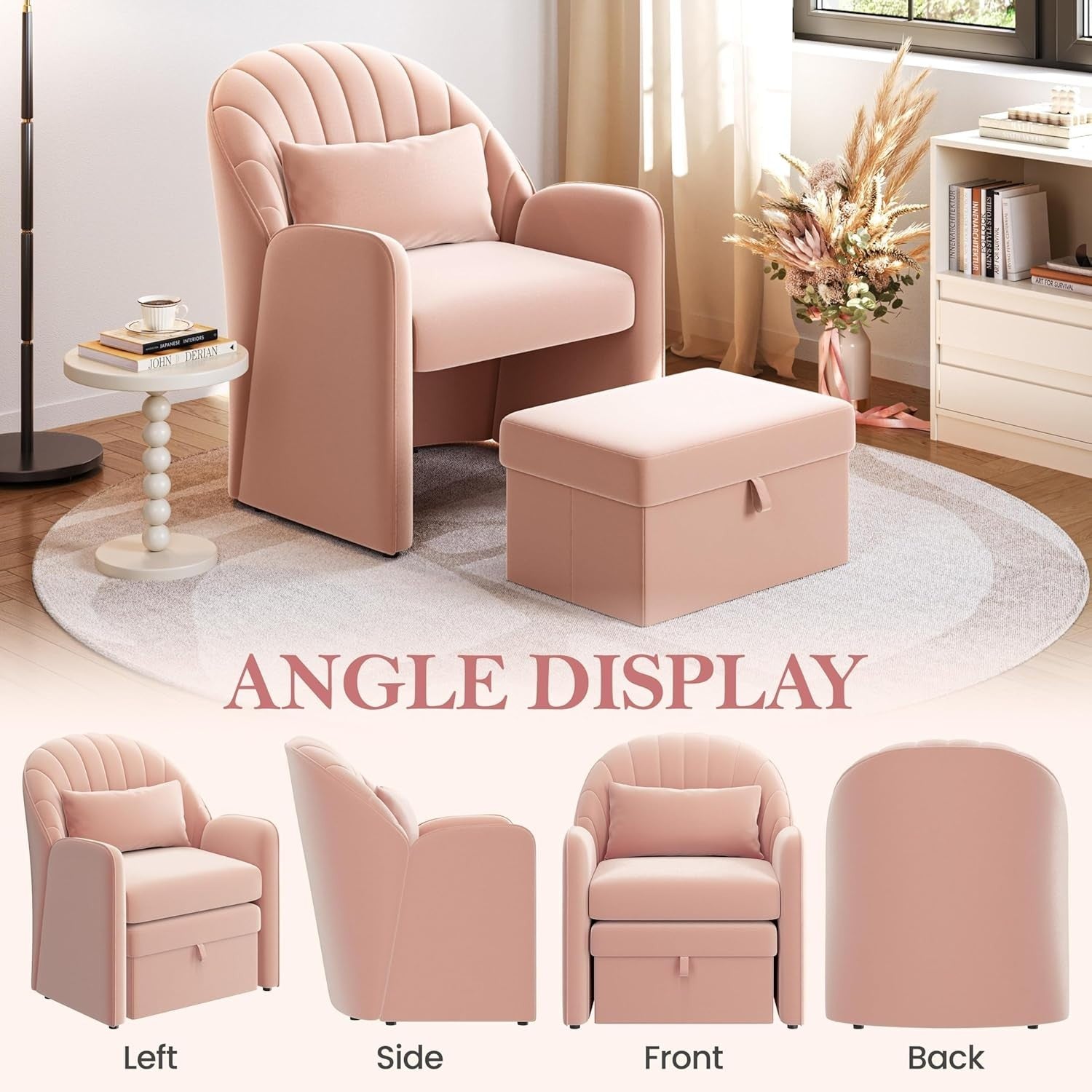 Pink Velvet Tub Chair with Storage Ottoman & Pull-Out Footrest | Compact Seat