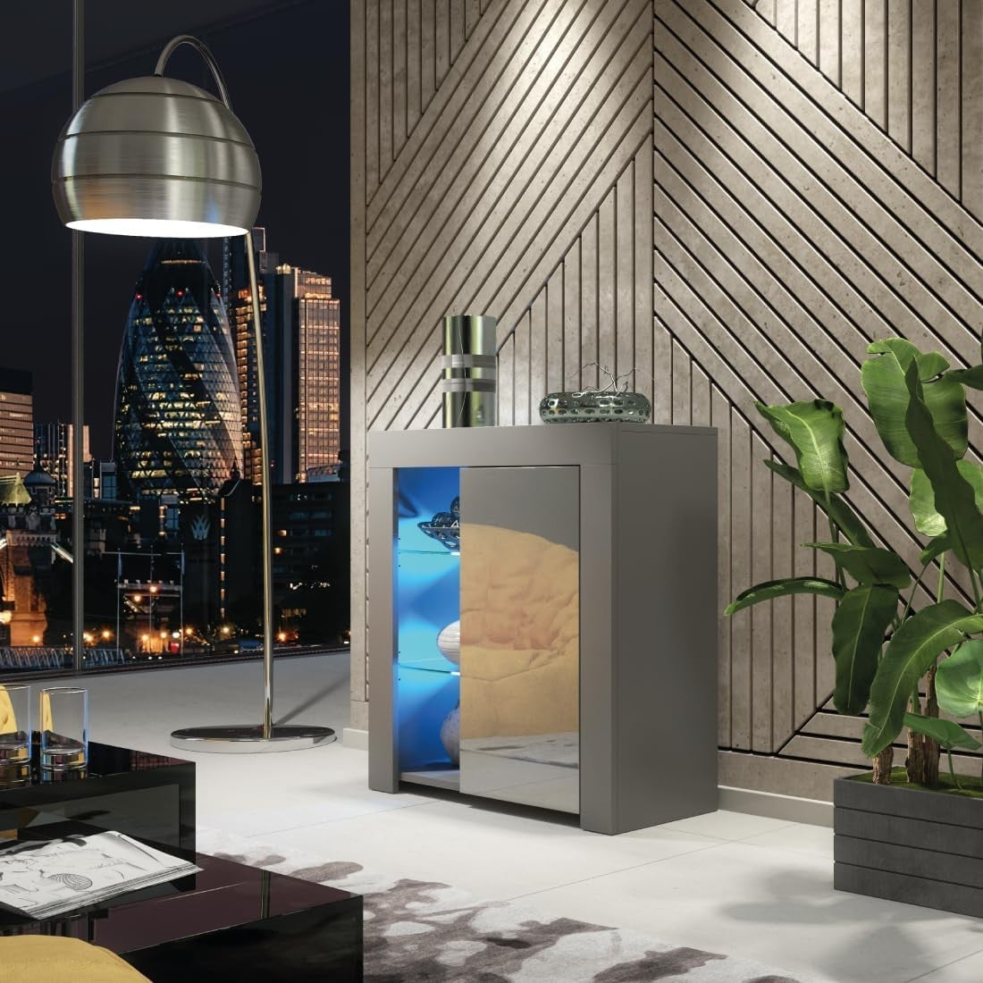 Modern Grey LED Sideboard Cabinet Gloss Door Storage Unit Floor Mount 83cm