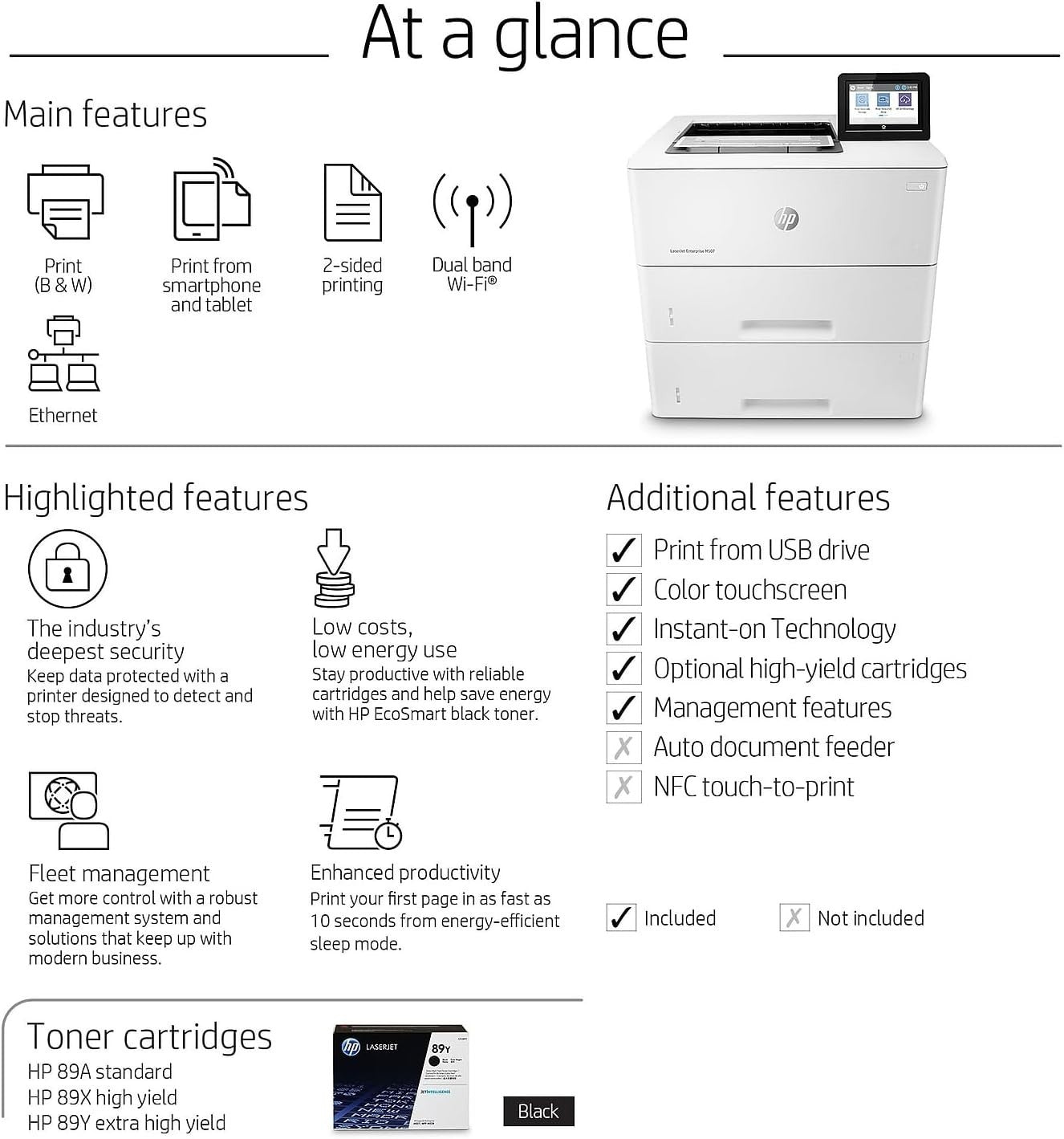 White Enterprise Mono Laser Printer M507x Fast Wireless Duplex