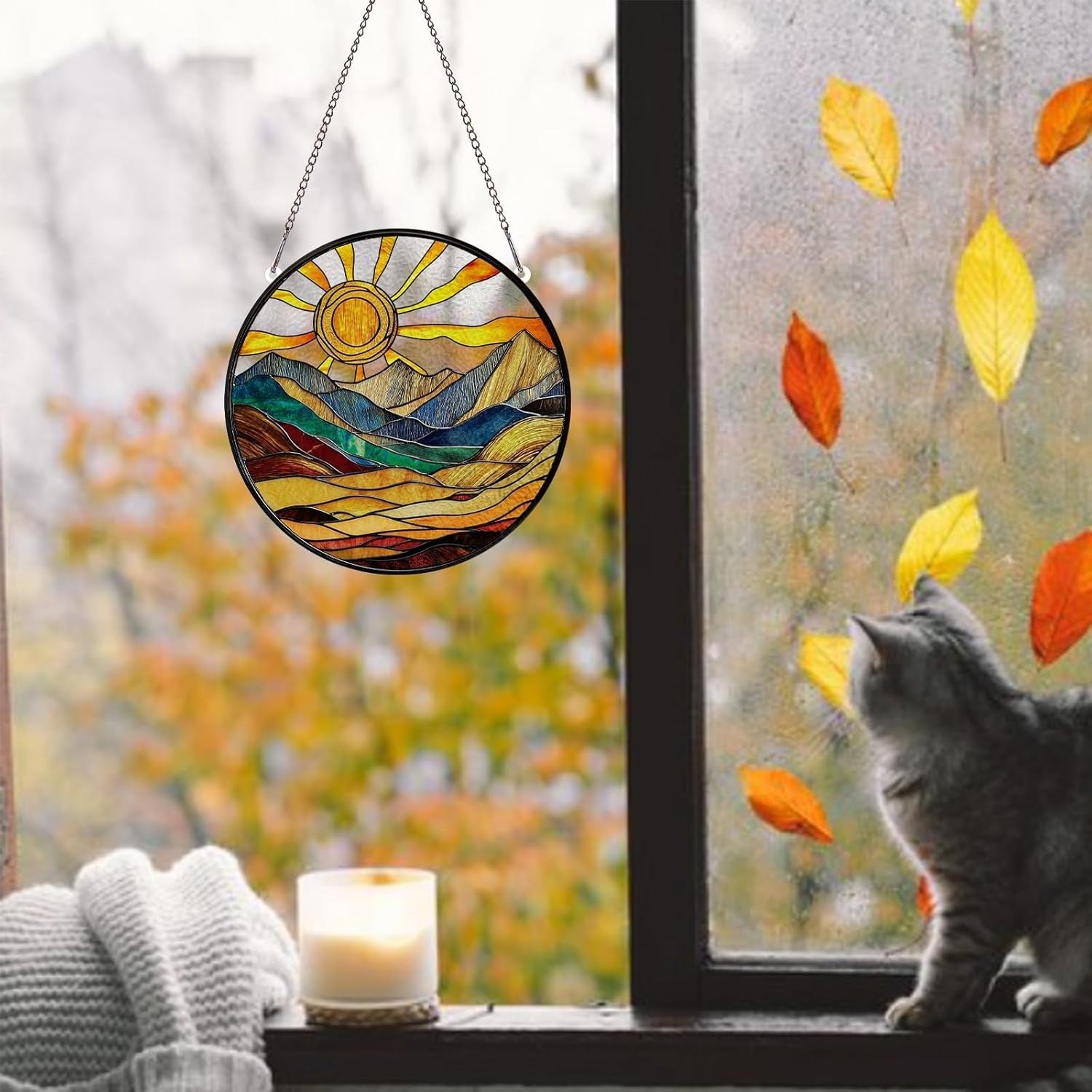 Boho Sun Stained Glass Suncatcher 5.9" Window Hanging Decor