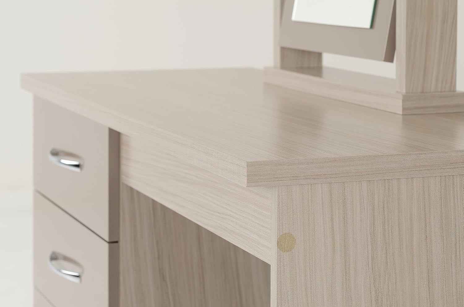 Modern Dressing Table Set Glass Top 4 Drawer Stool Mirror Light Oak Veneer