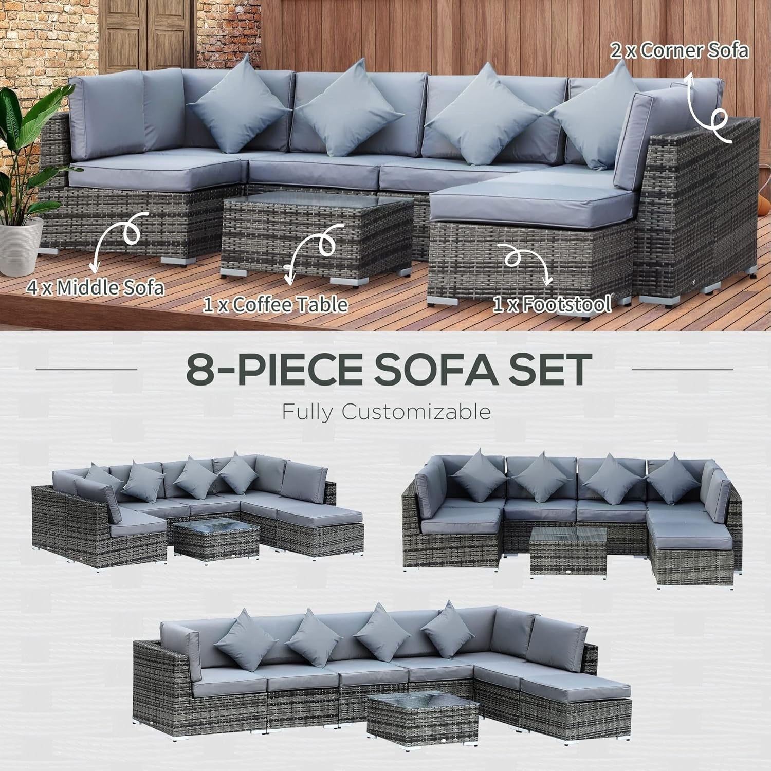 8 Seat Grey Rattan Garden Sofa Set with Cushions & Glass Table Outdoor
