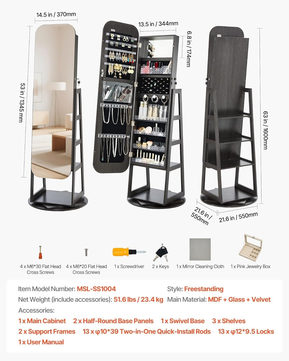 Black 360 Swivel Jewelry Armoire Full Length Mirror Lockable Storage