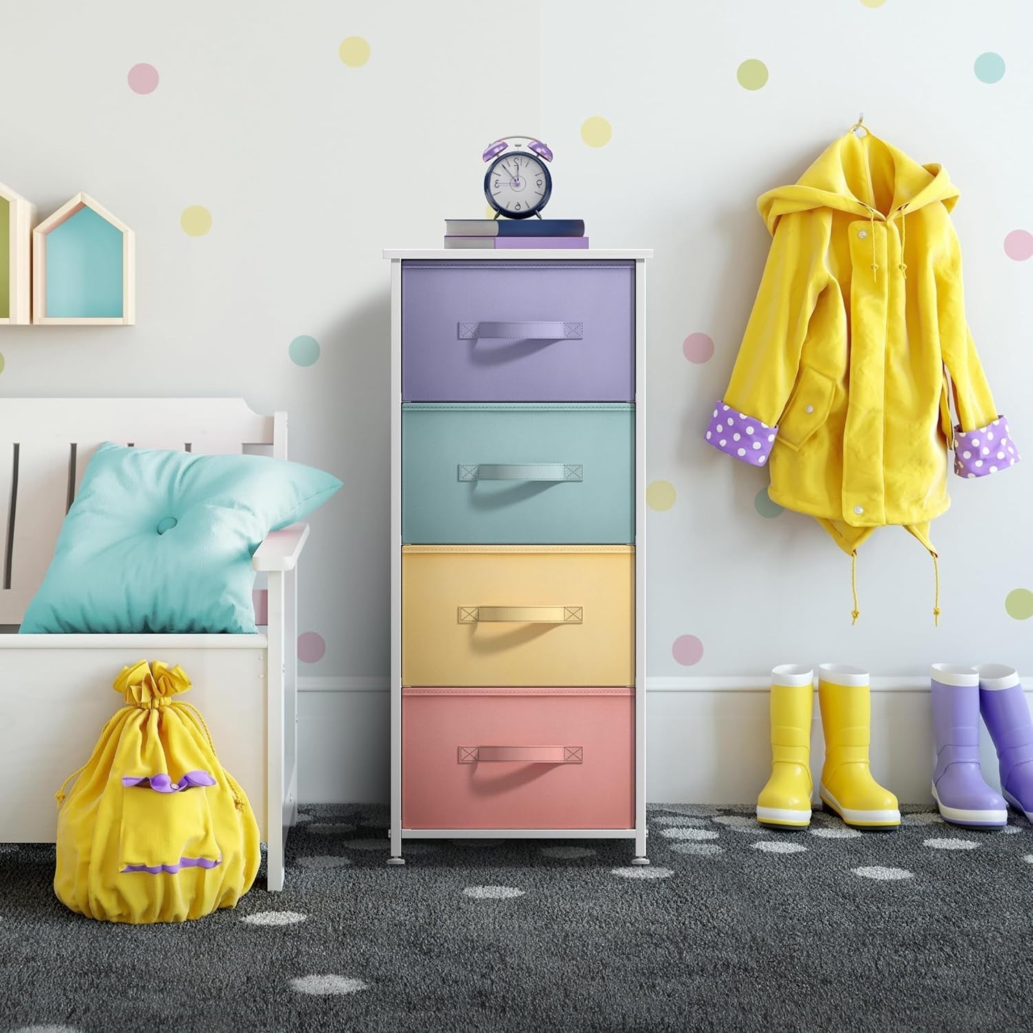 Kids 4-Drawer Storage Dresser Nightstand Fabric Chest w/ Wood Top Pastel Colours