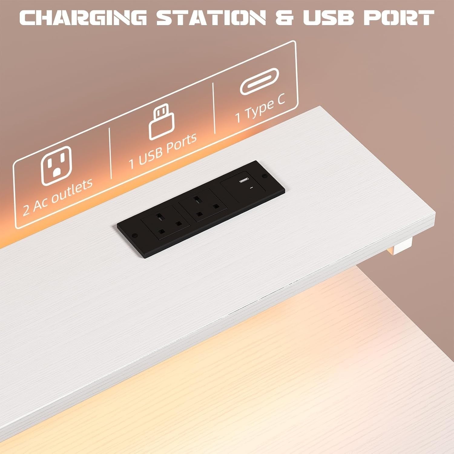 White Gaming Desk 110cm with LED Lights, Pegboard & 3 Storage Drawers