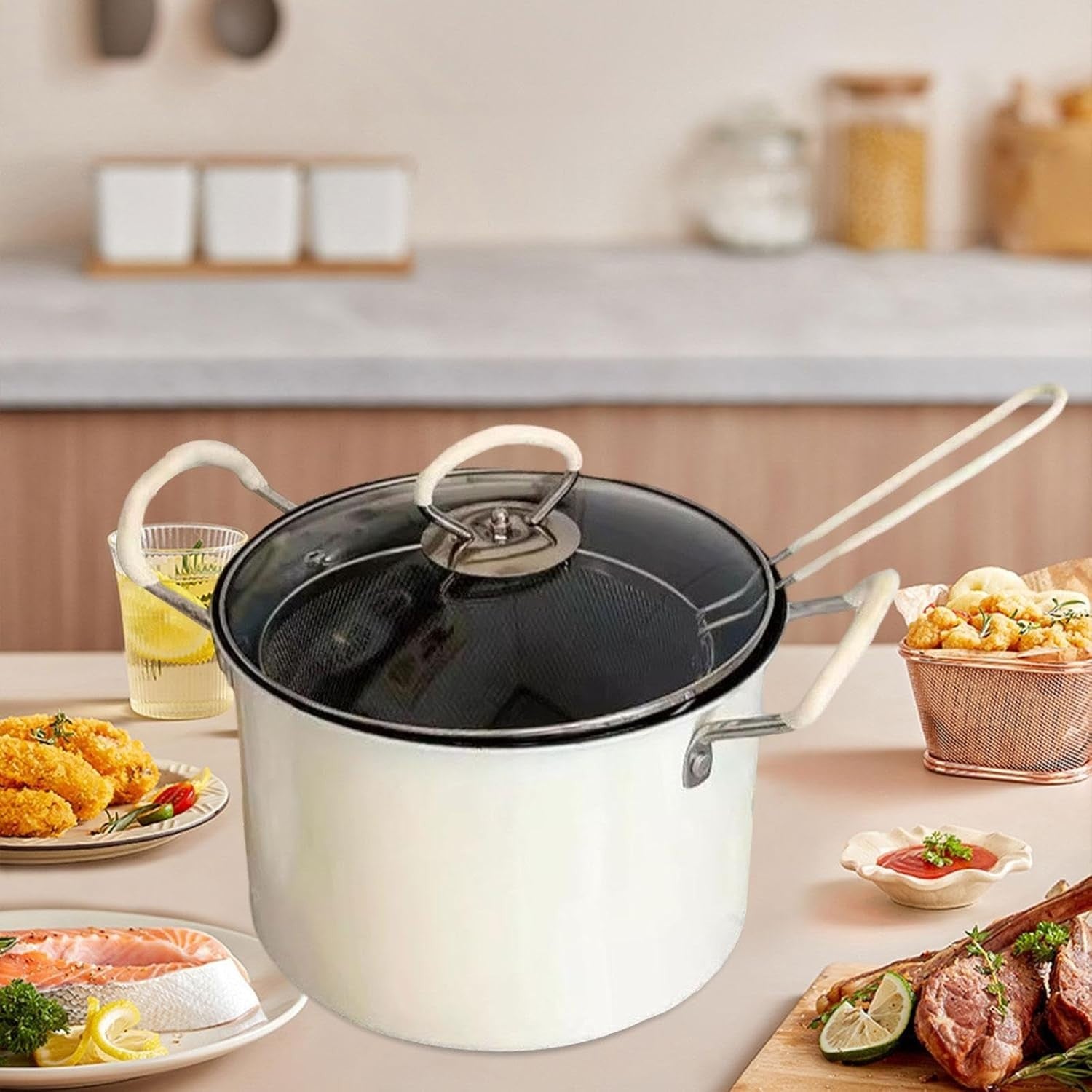 5.2L Iron Deep Frying Pot With Strainer Basket Outdoor Kitchen Use