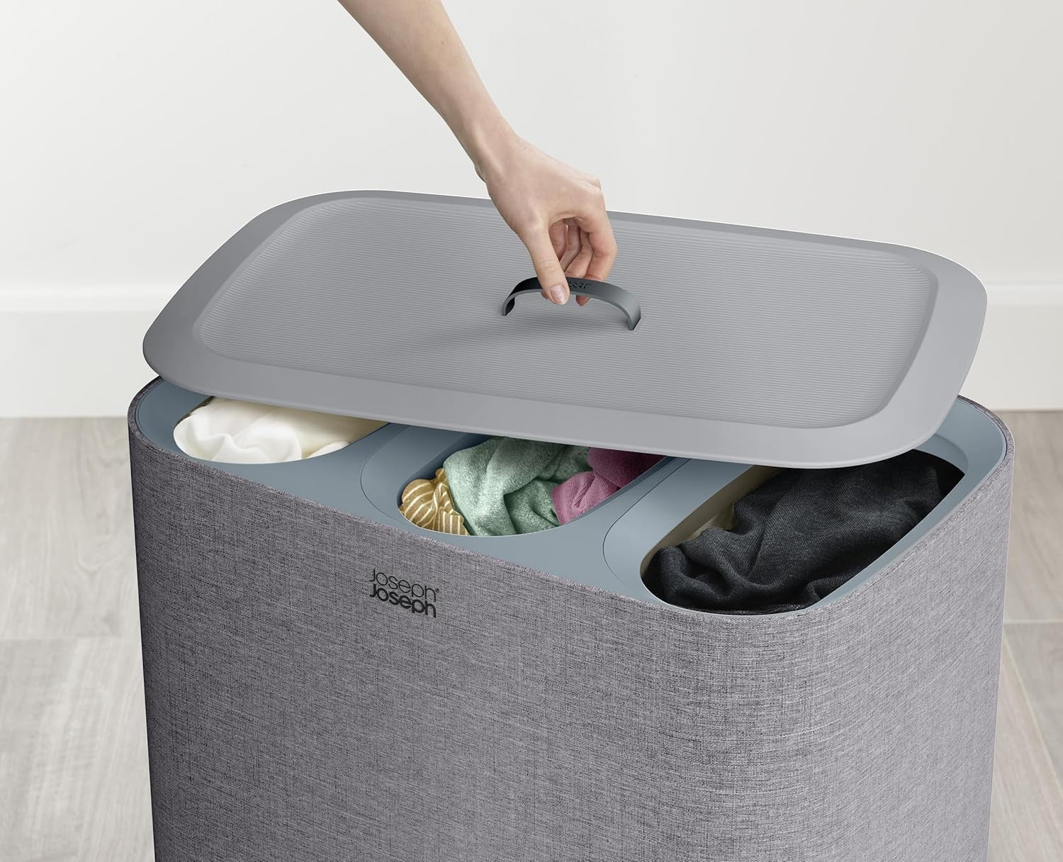 90L Trio Laundry Basket with Lid 3 Removable Washing Bags Grey Modern Organiser