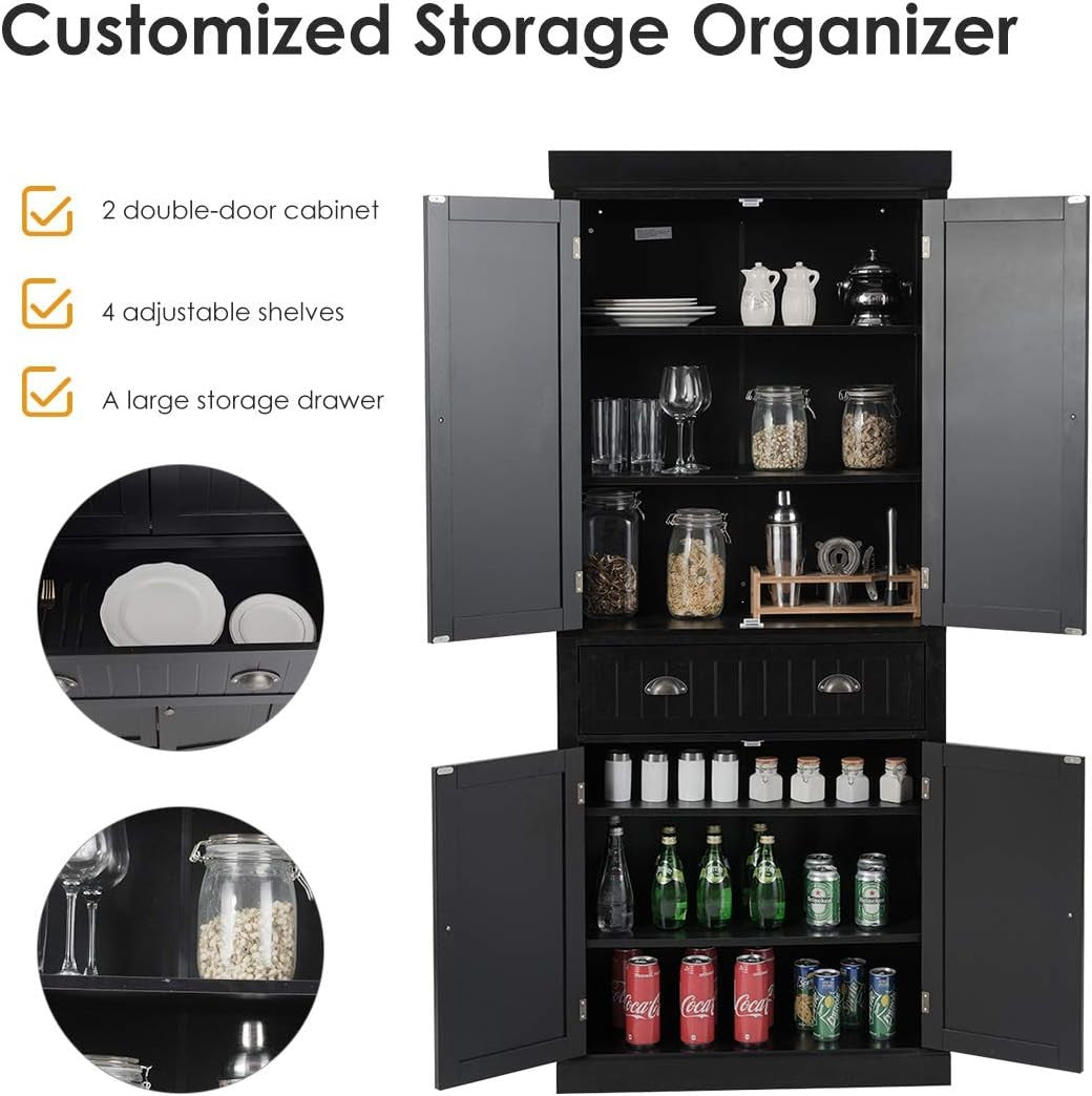 Tall Black Kitchen Cupboard 4 Door Storage Cabinet with Drawer & Shelves