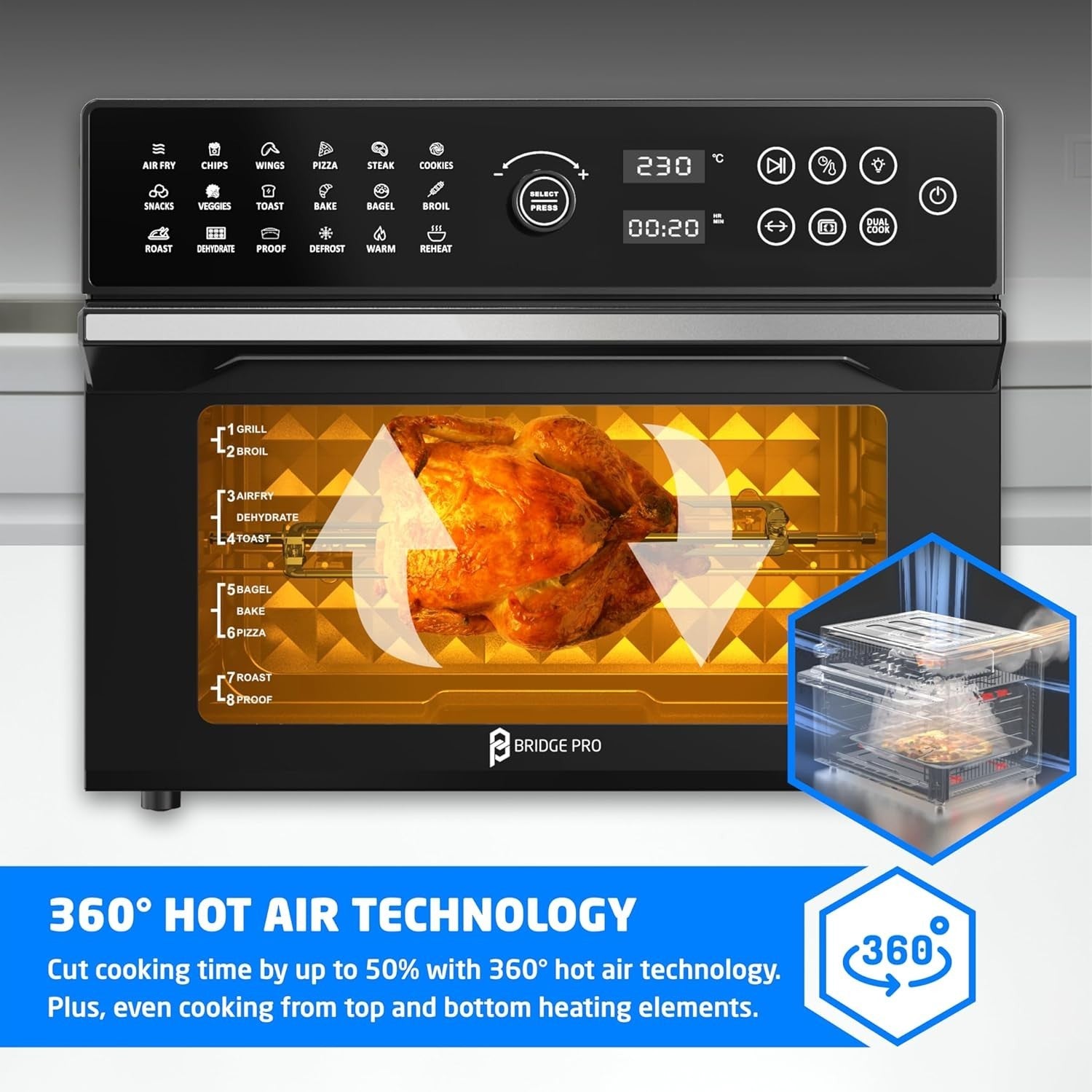 30L Air Fryer Oven Rotisserie 20-in-1 1800W 30-230C Touch Dial Low Oil