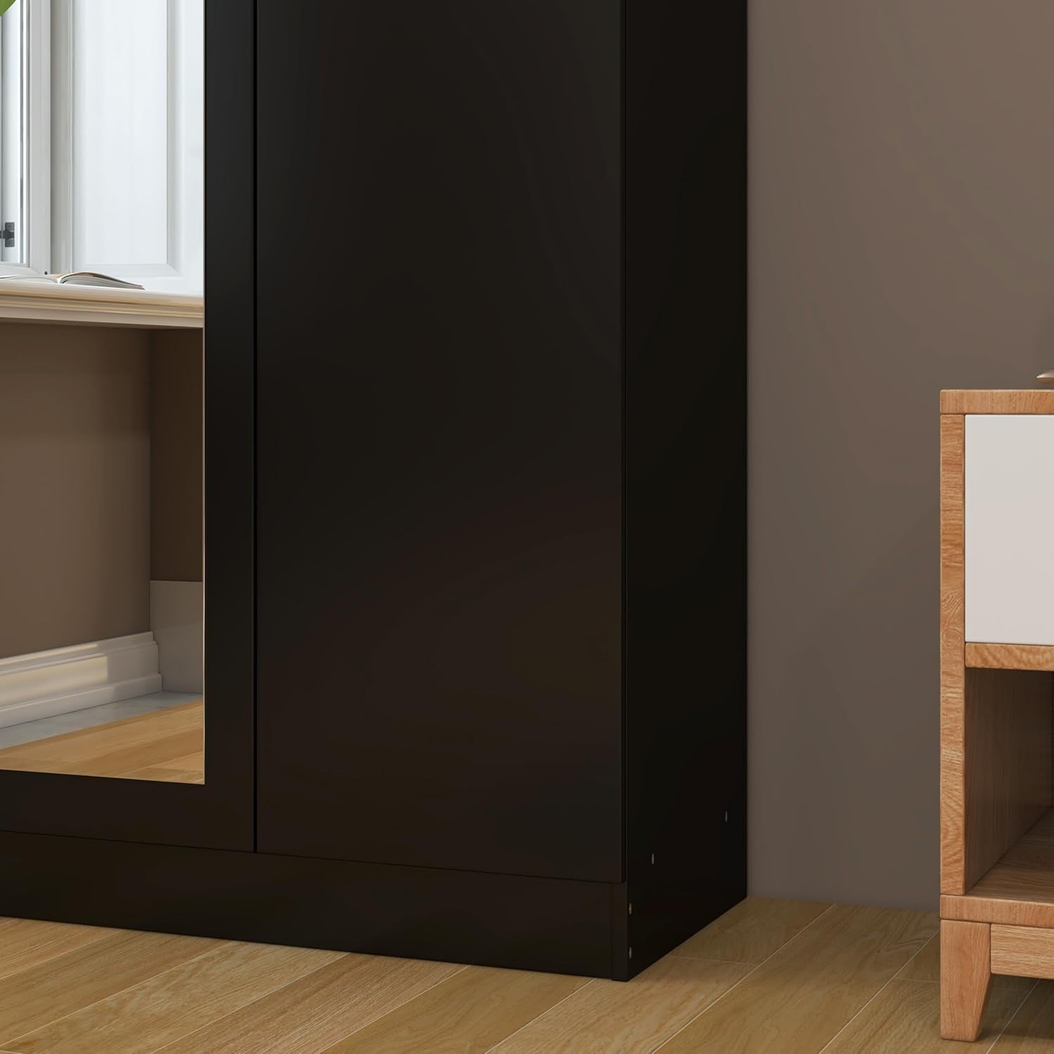 Black Mirrored Wardrobe 2 Door Storage Cabinet with Rail 170cm Tall