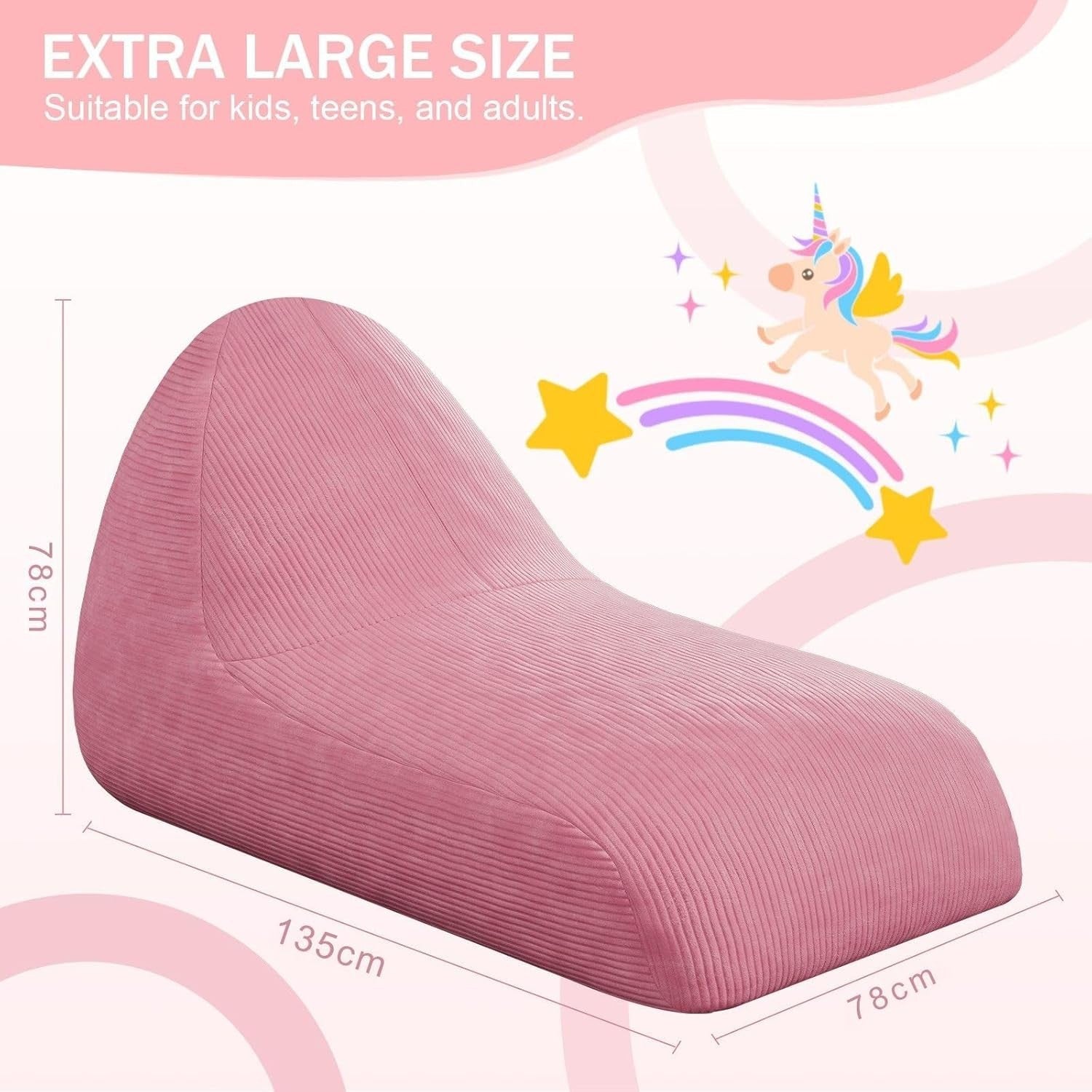 Large Pink Kids Bean Bag Chair with Removable Washable Cover