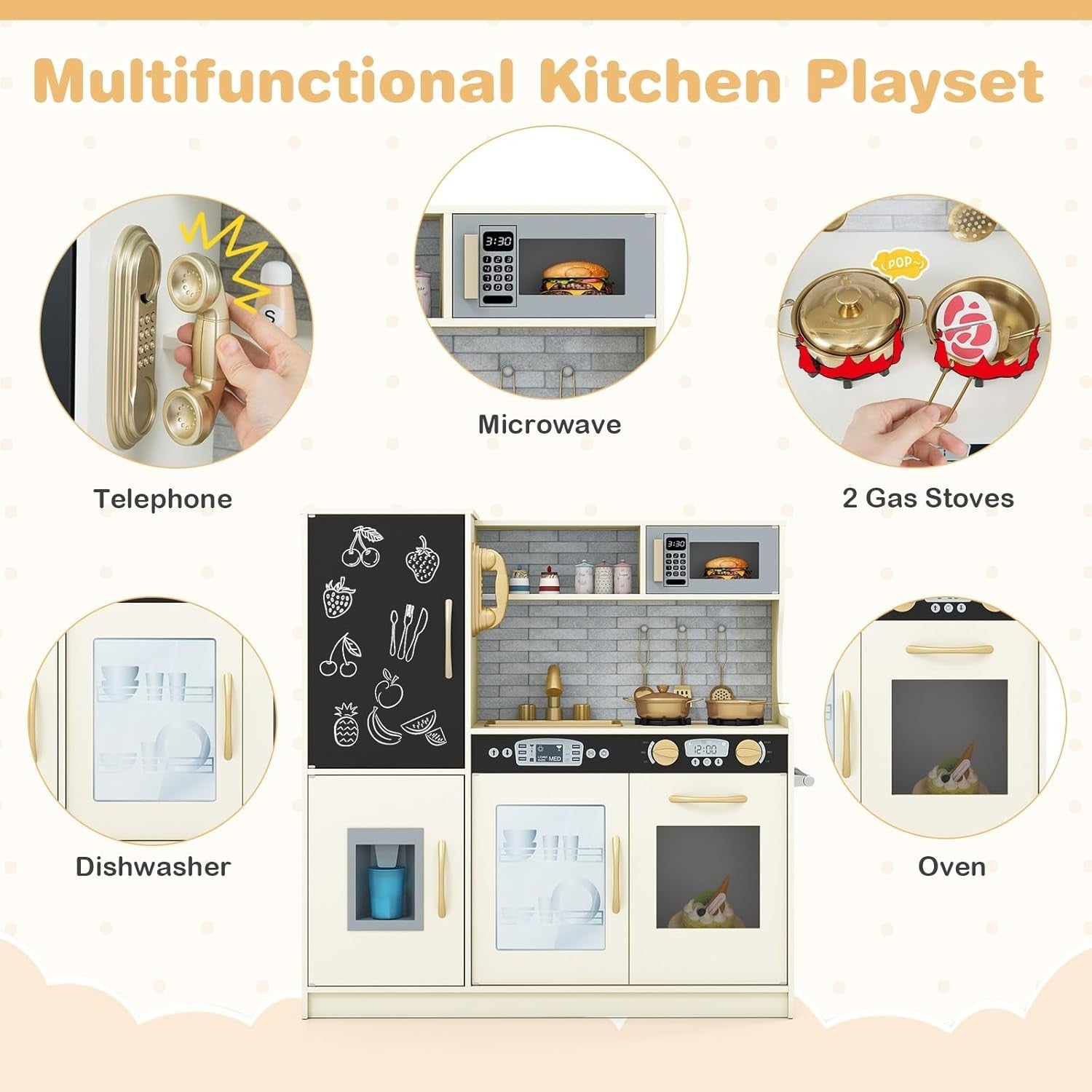 Wooden Kids Play Kitchen Beige w/ Chalkboard Ice Maker Microwave
