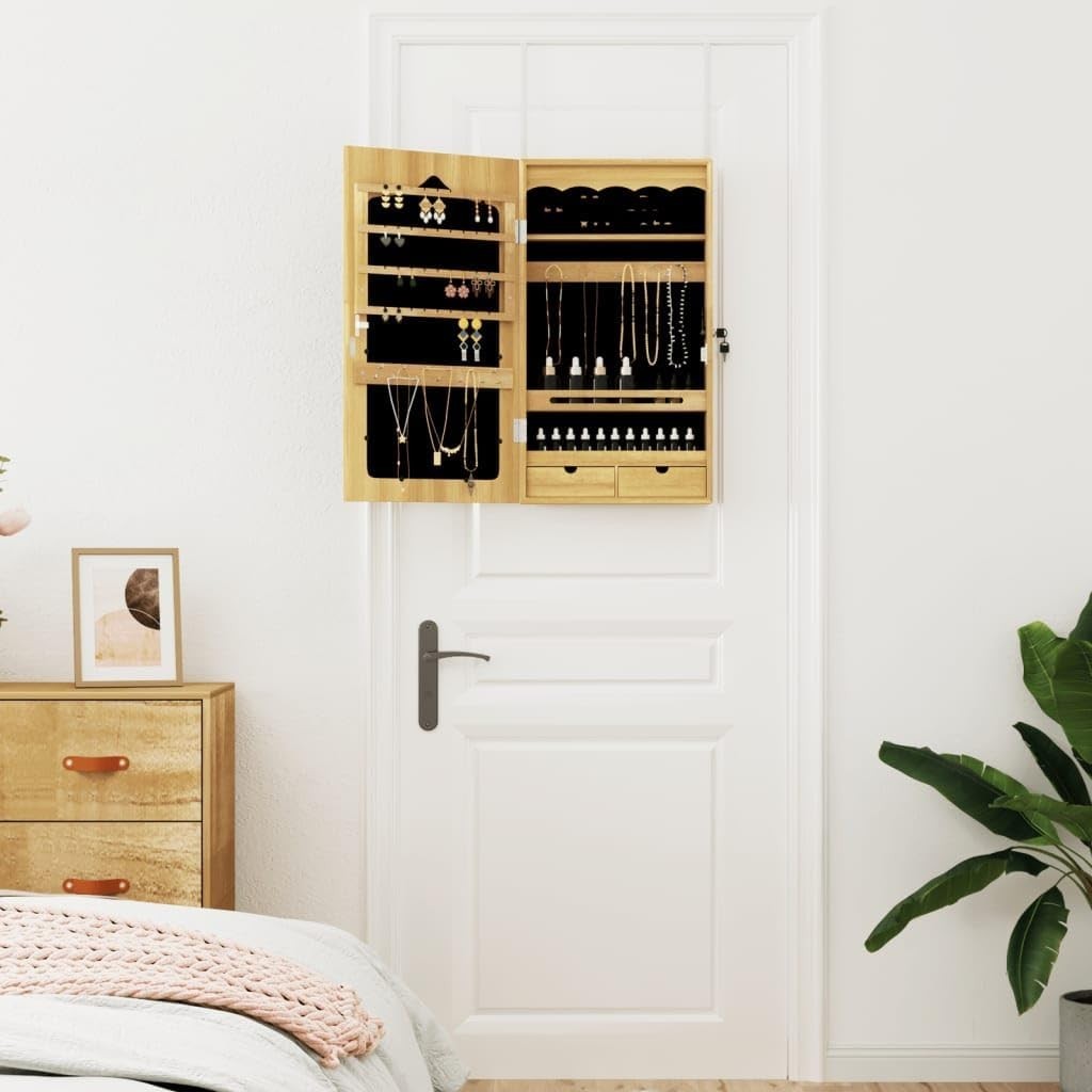 Slim Wall Mounted Jewelry Cabinet Mirror Lockable Space Saving Brown
