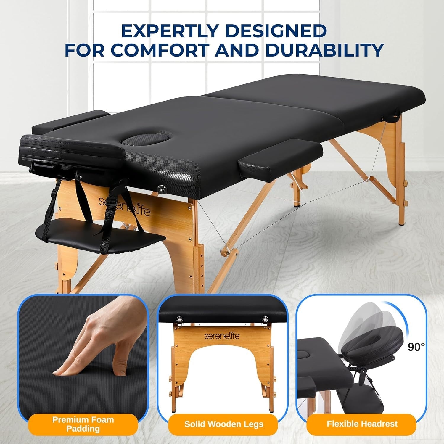 Portable Massage Table 3-Section Adjustable Folding Therapy Beauty Spa Bed Black