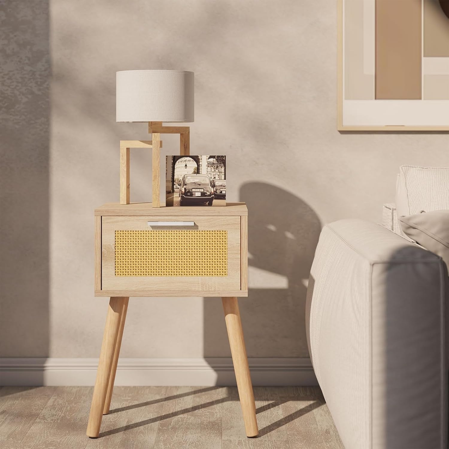 Natural Rattan Bedside Tables Set of 2, Modern Wood Nightstands with Drawer