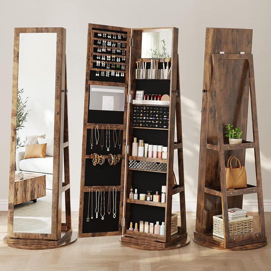 360° Swivel Jewelry Armoire Mirror Lockable Storage Cabinet Organizer Stand