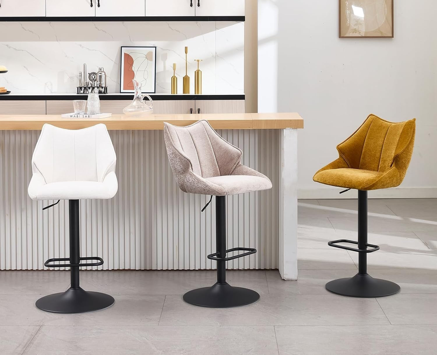 Yellow Chenille Bar Stool Set of 2 Adjustable Swivel Kitchen Counter Chairs