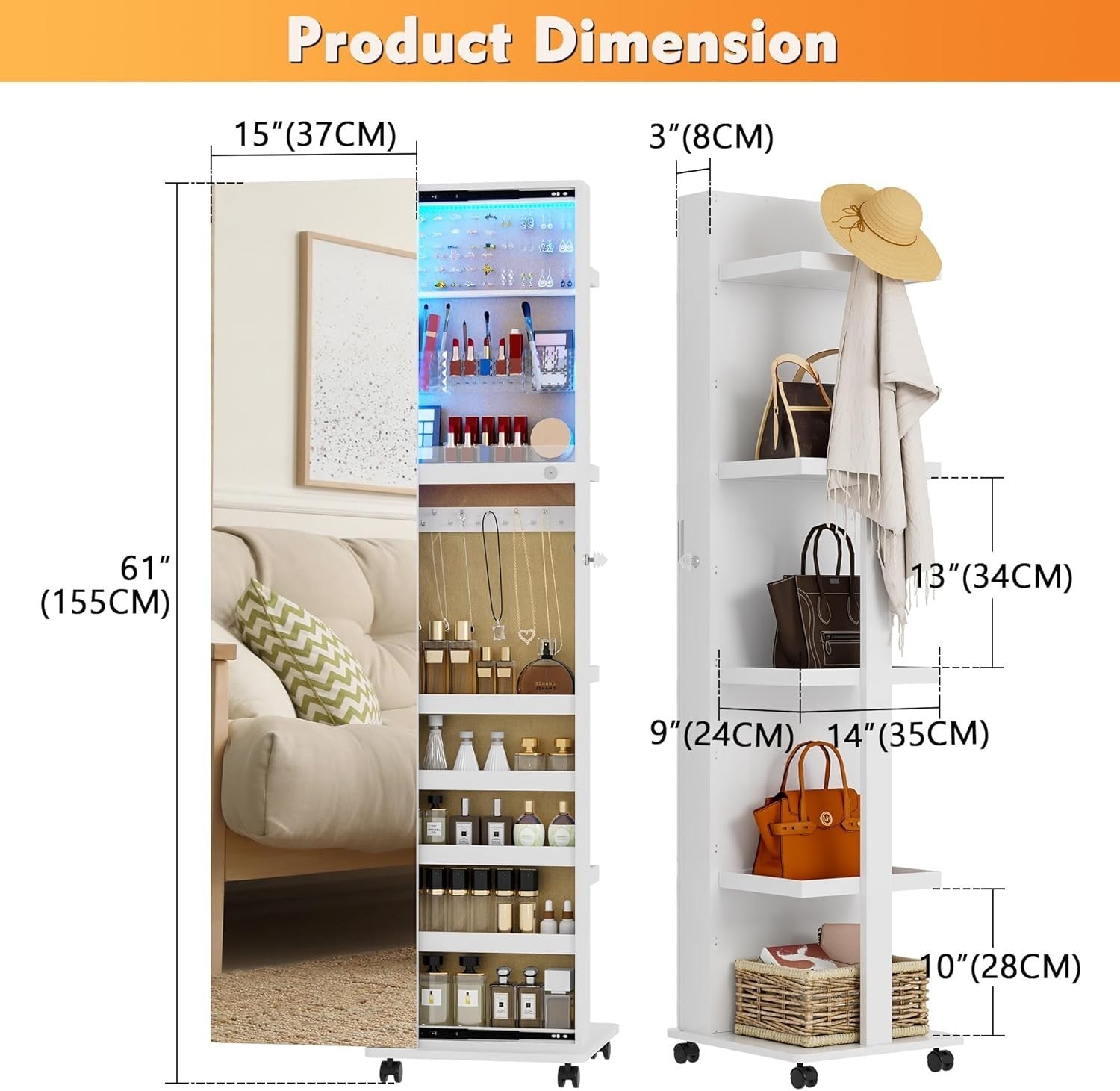 White 360° Rotating LED Jewelry Cabinet Mirror Lockable Rolling Storage