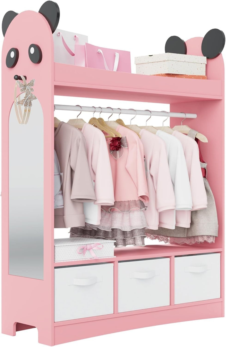Kids Wardrobe with Mirror & 3 Drawers, Pink Panda Design, Storage & Hanging Rail