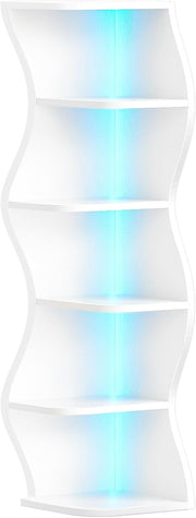 Corner LED Bookshelf White Zigzag 6-Tier Narrow Display Shelving Unit