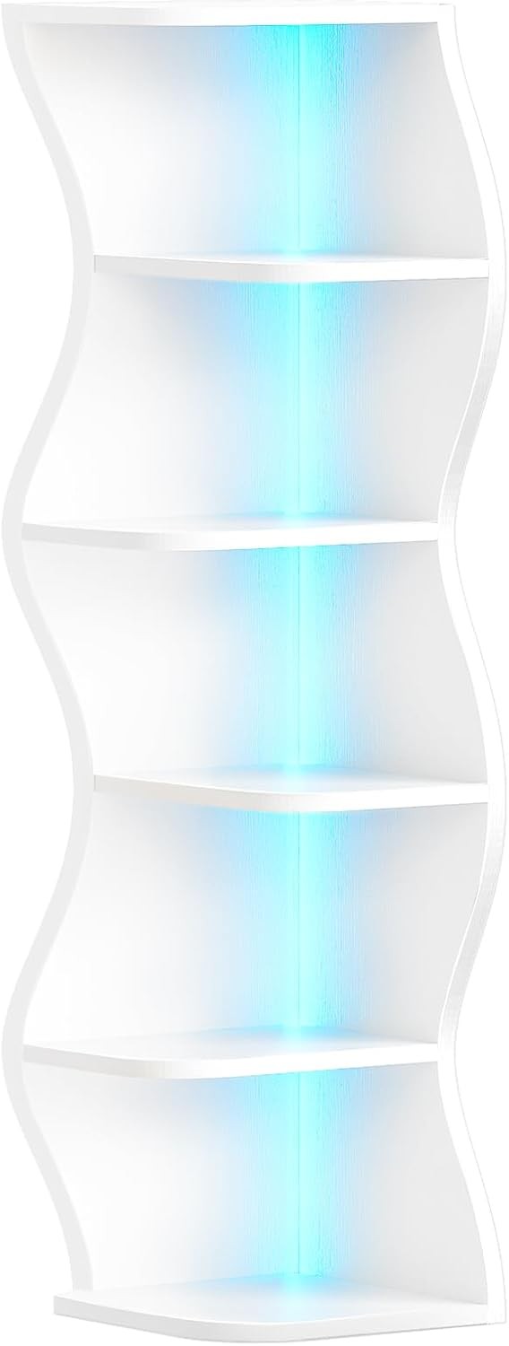 Corner LED Bookshelf White Zigzag 6-Tier Narrow Display Shelving Unit