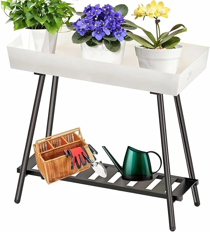 Metal Plant Stand with Tray Indoor Outdoor Waterproof Planter Shelf White