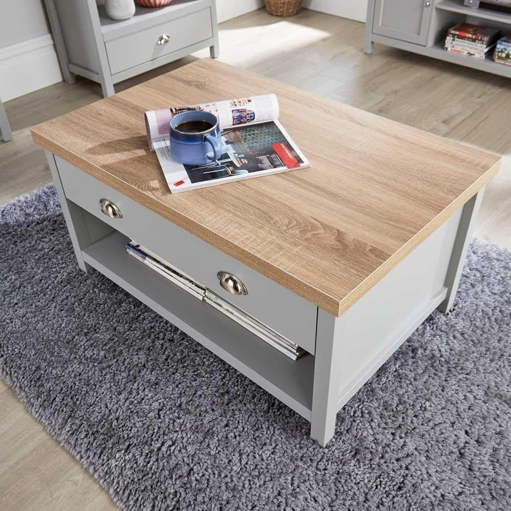 Modern Grey Coffee Table 2 Drawers Oak Effect 90x58x45cm Durable Storage